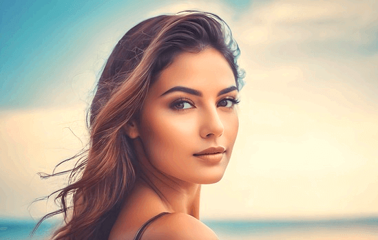 긴 갈색머리 백인 미녀가 사선으로 바라보고 있다.