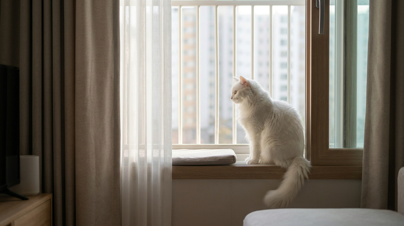 창밖을 보며 집사를 기다리는 흰 고양이