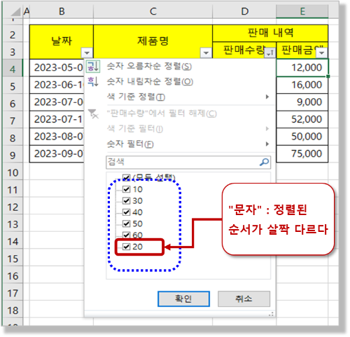 자동 필터의 선택 옵션 - 정렬 순서