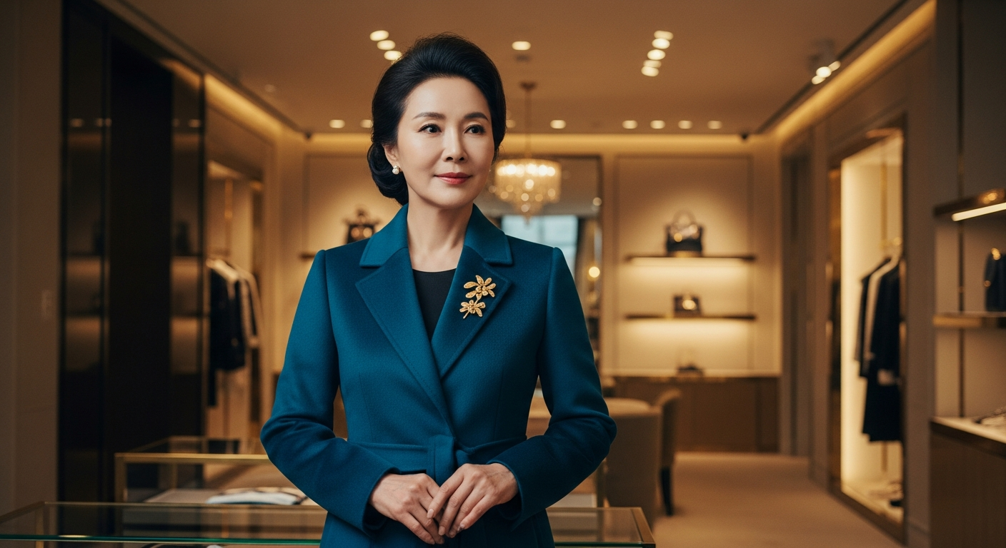 잘 재단된 '트랜스포머티브 틸'(짙은 청록색) 코트를 입은 세련된 50대 한국 여성. 고급 부티크 배경. 금색 브로치 액세서리 착용. 올림머리로 묶은 검은 머리. 코트 색상이 검정보다 풍부해 보이고 날씬해 보임.