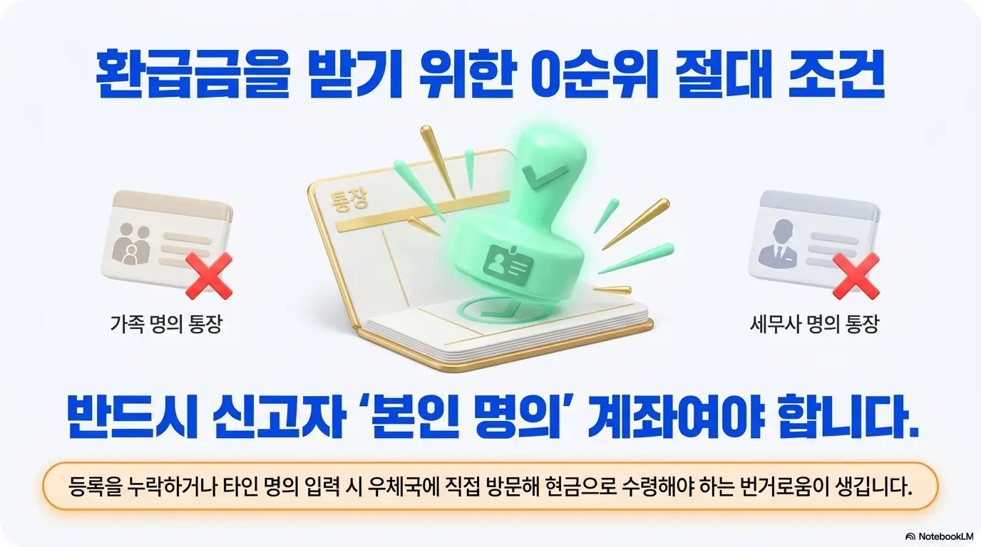 종합소득세 환급일: 가족 명의 통장과 세무사 명의 통장은 불가하고 반드시 신고자 본인 명의 계좌여야 한다는 것을 도장과 X 표시로 설명하는 인포그래픽 이미지. 이 이미지는 종합소득세 환급 계좌 등록 시 본인 명의가 필수라는 핵심 정보를 시각적으로 전달하며&amp;#44; 블로그의 환급 계좌 등록 방법과 관련된 내용을 설명함 