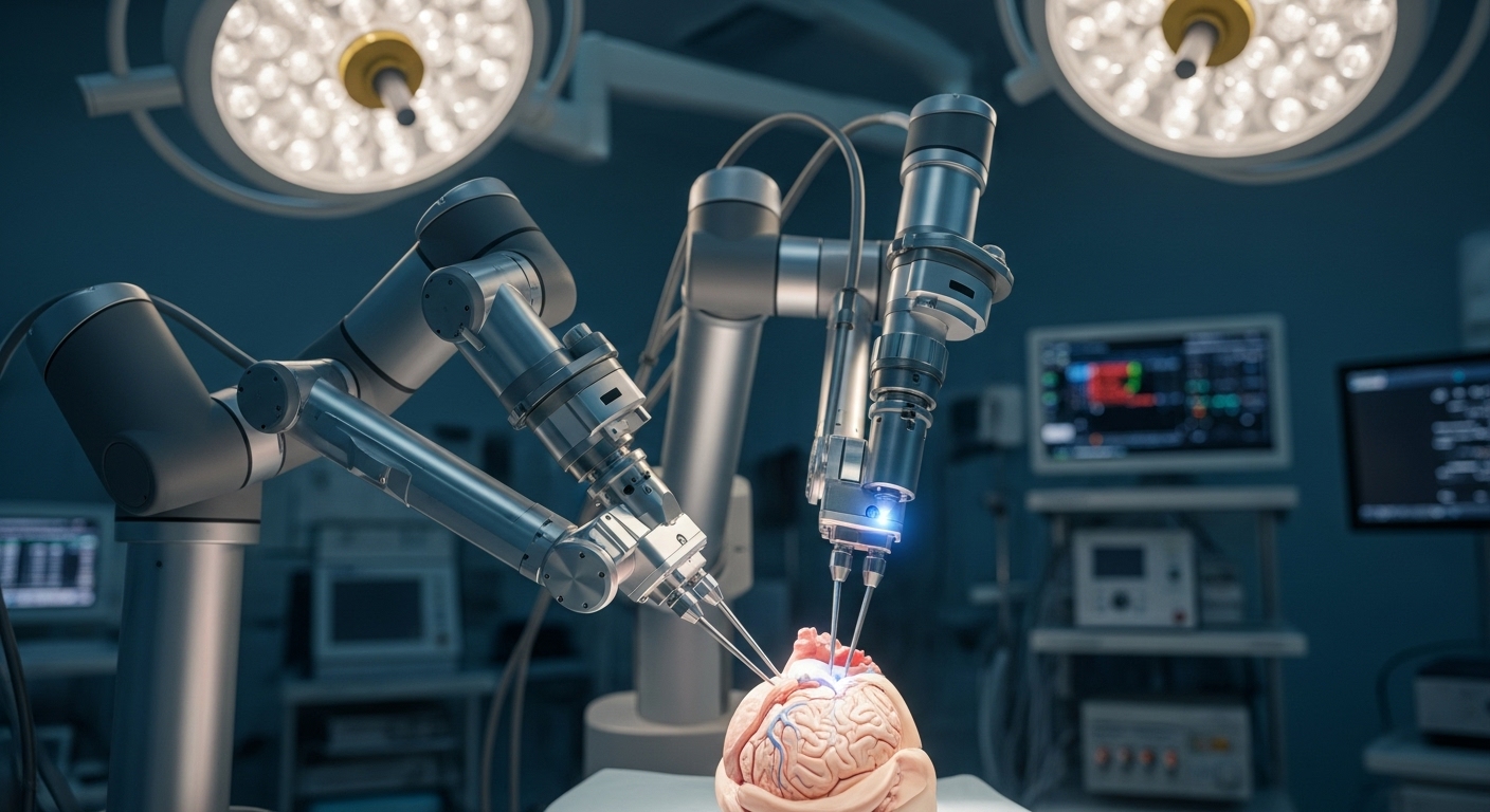 미세한 로봇 팔이 정교하게 수술을 수행하는 모습. 초정밀 수술의 상징.