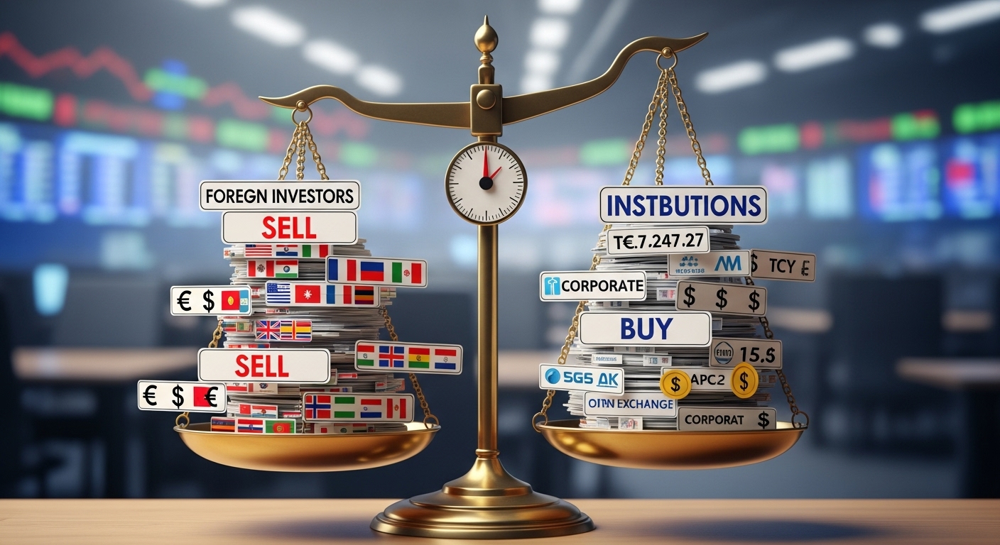 A scale with 'Sell' orders from foreigners piled on one side and 'Buy' orders from institutions piled on the other, balancing each other out tightly.