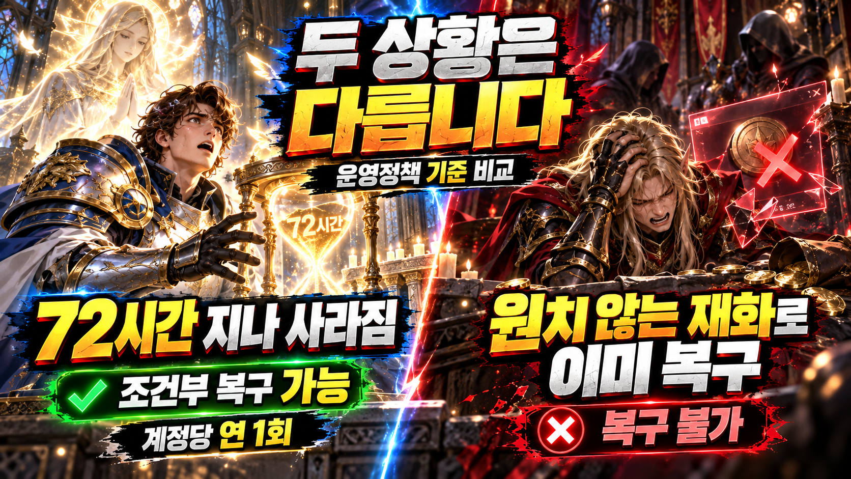 리니지M에서 72시간 경과로 사라진 경험치와 아이템의 조건부 복구와 원치 않는 재화로 이미 복구한 경우의 차이를 비교한 이미지