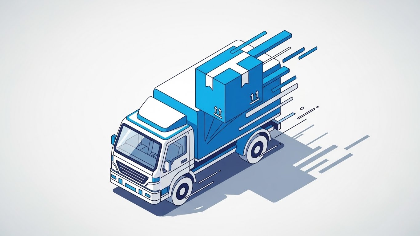 자격증 배송 과정을 상징하는 아이콘과 트럭 그래픽