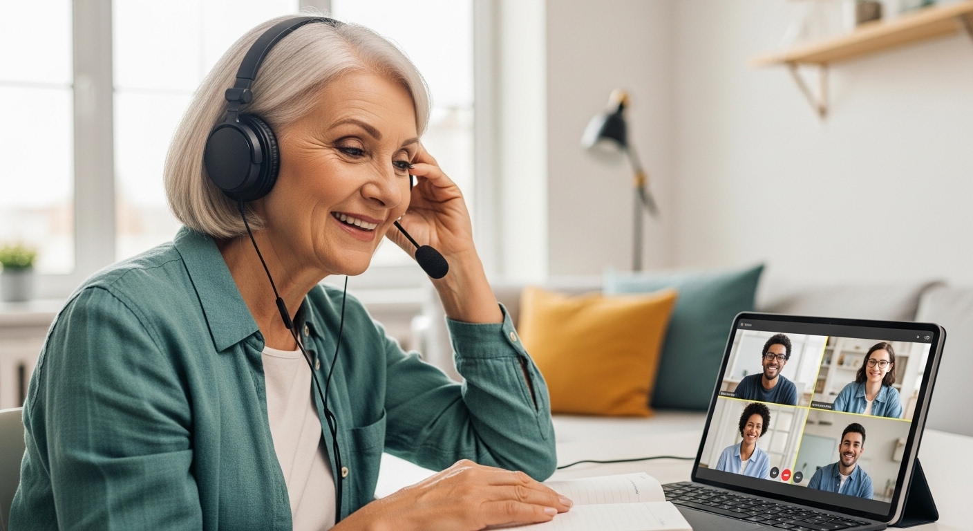 집에서 온라인 어학 강좌를 들으며 즐겁게 외국어를 배우는 시니어 여성