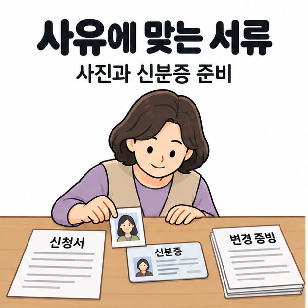 여성이 신청서와 신분증, 변경 증빙서류 옆에서 증명사진을 준비하는 모습