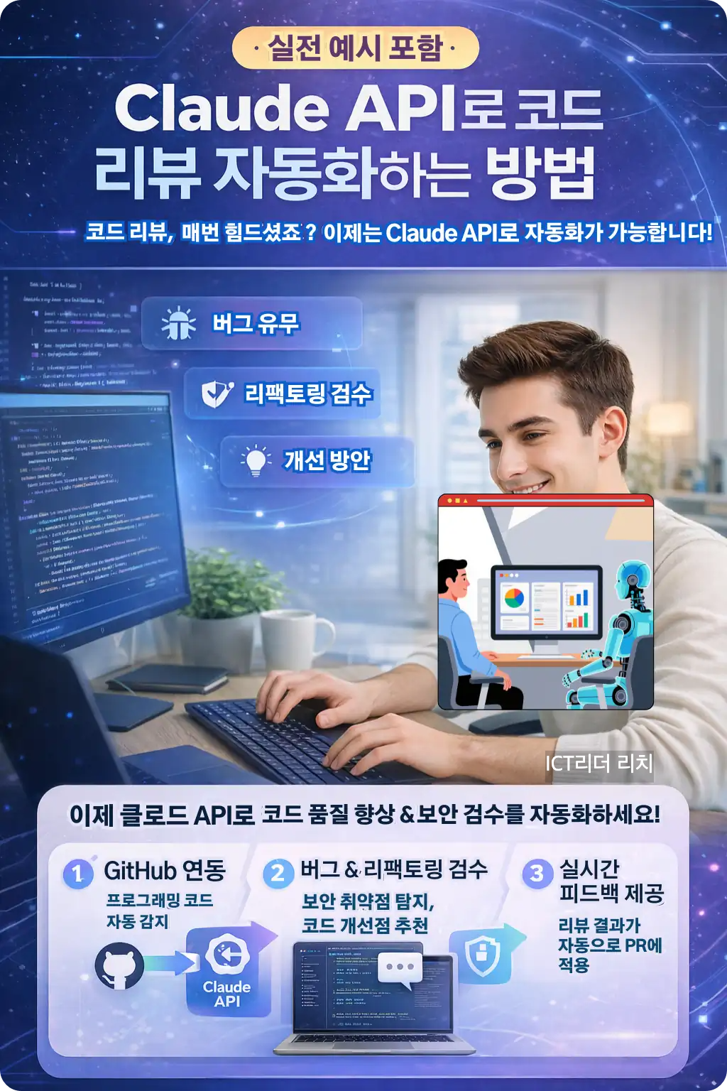 코드 리뷰 자동화를 위한 Claude API의 사용 방법을 시각화한 인포그래픽 이미지. 젊은 남성 개발자가 노트북 앞에서 AI 기술과 상호작용하는 모습을 통해 자동화의 효율성을 표현.