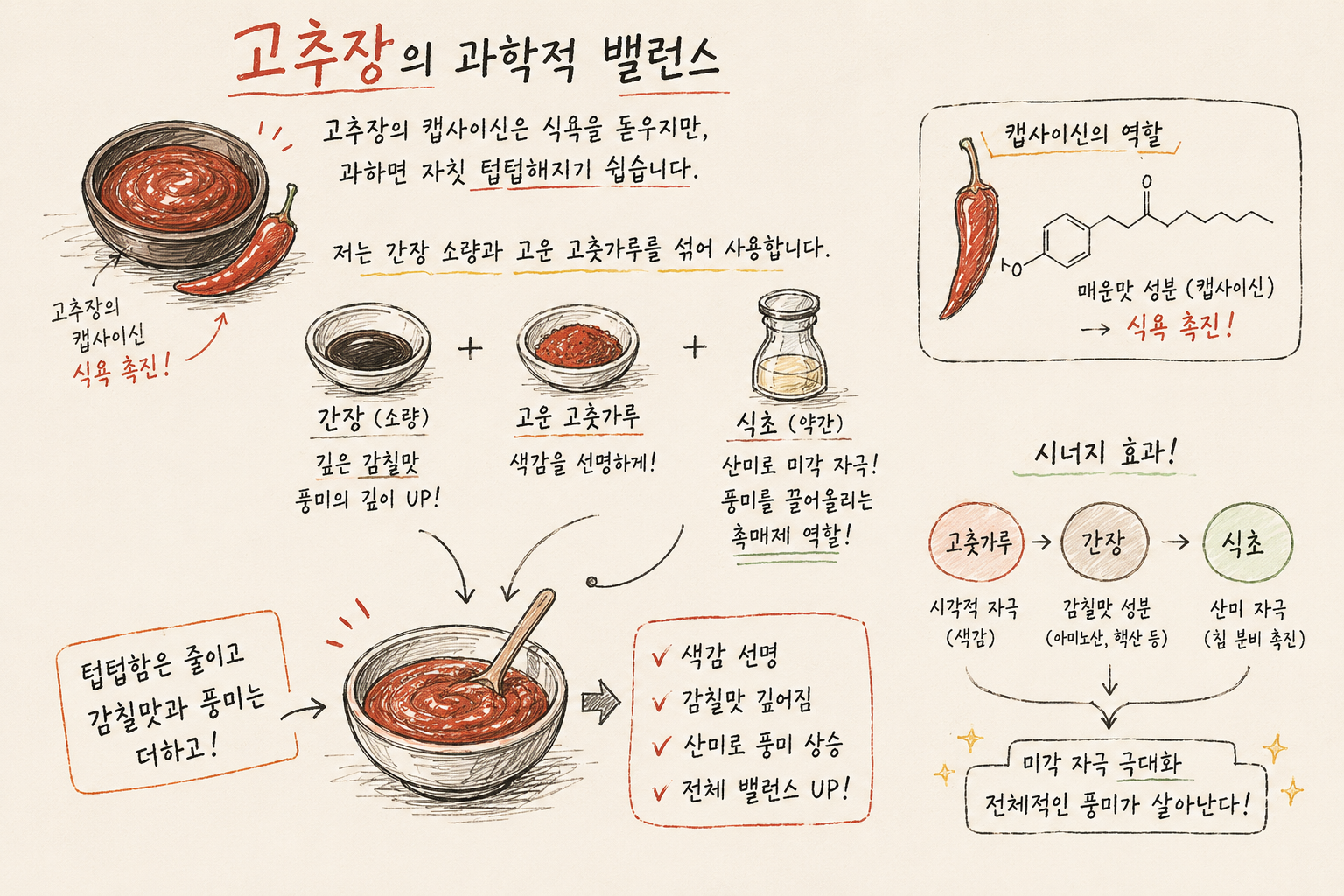 아이패드 프로크리에이트 앱 화면을 담은 일러스트. 고추장 양념의 밸런스를 최적화하는 방법을 과학적으로 설명하고 있다. 고추장의 캡사이신 성분이 식욕을 촉진하지만 자칫 텁텁해질 수 있다는 점을 지적하며, 이를 보완하기 위해 간장(깊은 감칠맛), 고운 고춧가루(선명한 색감), 식초(미각을 자극하는 산미)를 적절히 배합하는 과정을 도식화했다. 우측에는 캡사이신의 화학 구조식과 함께 고추장, 간장, 식초가 만나 미각 자극을 극대화하고 전체적인 풍미를 살리는 시너지 효과를 요약했다. 맛의 밸런스를 과학적으로 조절하여 요리의 완성도를 높이는 비법을 담은 정갈한 요리 과학 노트이다.