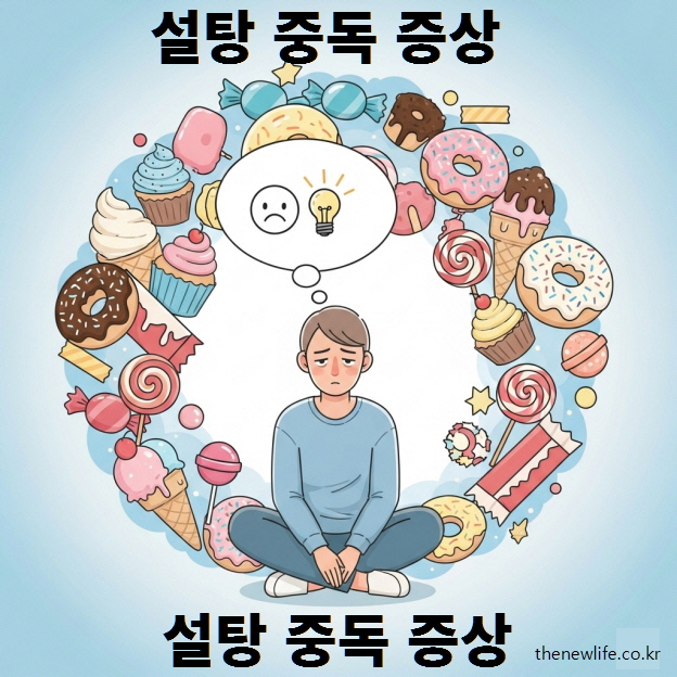 "설탕 중독 증상 – 단 음식을 갈망하는 사람과 주변의 케이크, 도넛, 아이스크림 일러스트"