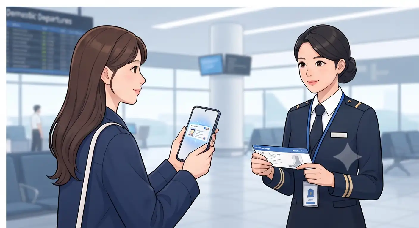 공항 탑승 수속 카운터에서 직원이 고객의 모바일 운전면허증 신분 확인용 바코드를 확인하는 모습