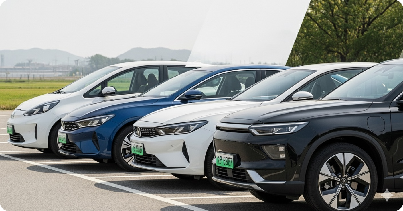 다양한 크기의 전기차 모델(경형, 준중형, 중형/SUV)이 나란히 주차된 모습. 여행 인원과 목적에 따라 선택할 수 있는 다양한 전기차 옵션을 보여줍니다.