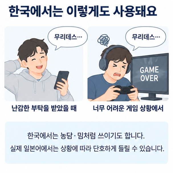 한국 온라인에서 장난스러운 거절 표현으로 무리데스를 사용하는 뉘앙스를 설명하는 이미지