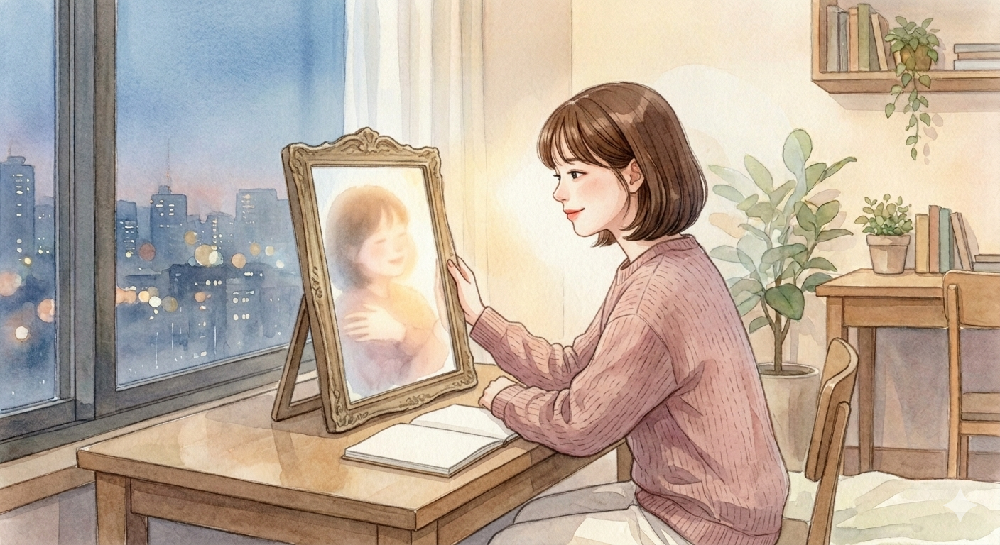 "수채화풍의 방 안에서 여성이 책상 앞에 앉아 거울 속의 자신을 따뜻하게 미소 지으며 바라보는 모습. 거울 속의 자아가 스스로를 포근하게 안아주는 모습이 겹쳐져 있어, 자기비하 습관을 멈추고 자존감을 회복하는 심리적 치유 과정을 시각화함."