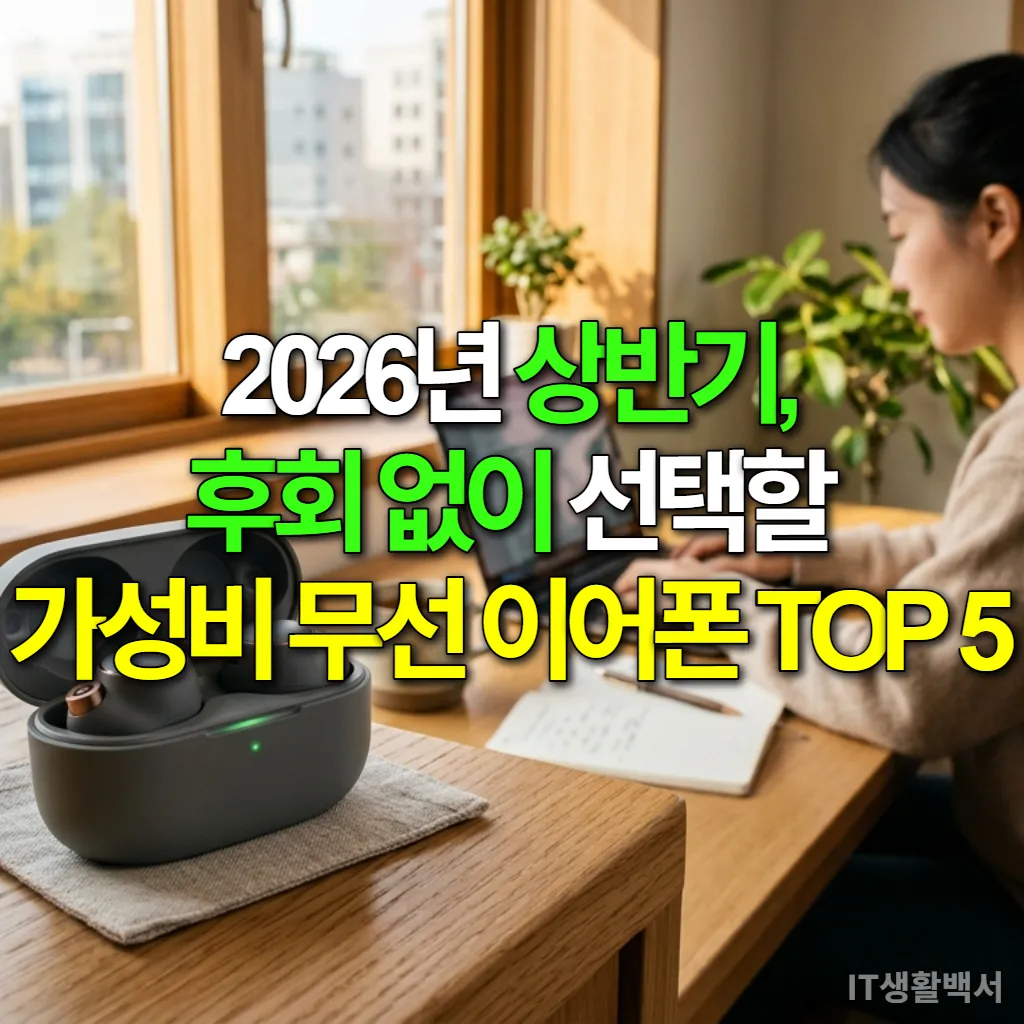 미니멀한 한국식 나무 책상 위에 놓인 세련된 무선 이어폰 한 쌍과 노트북으로 작업하는 사람의 모습