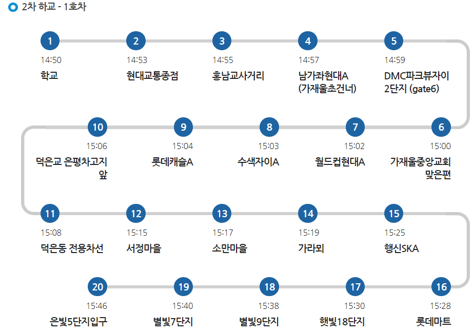 명지초 1호차 셔틀 수요일 2차 하교 노선 시간표
