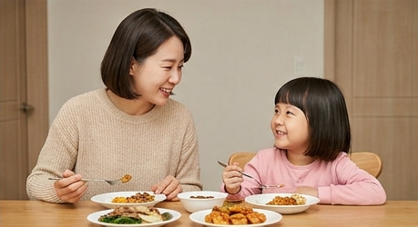 엄마와 아이가 마주 보며 웃는 저녁 시간