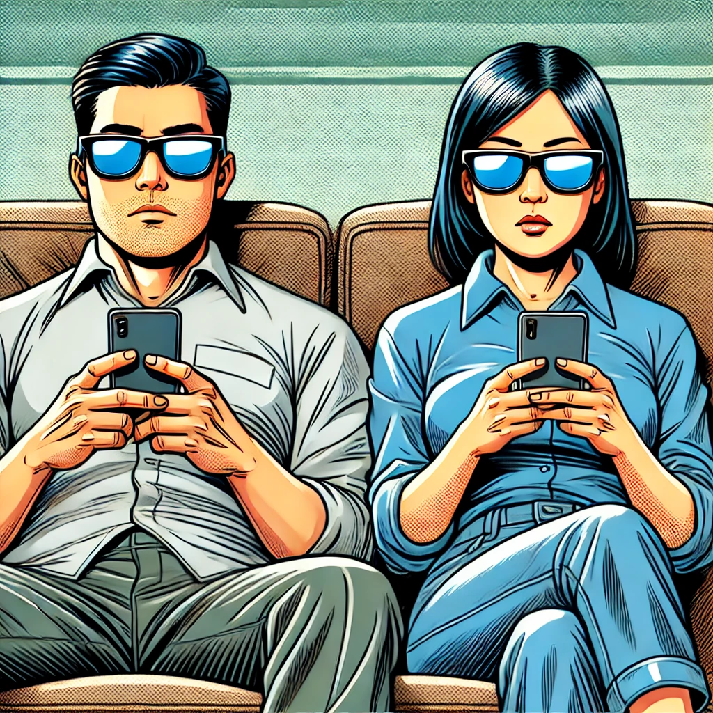 블루라이트 차단 안경을 쓰고 스마트폰을 사용하는 남녀