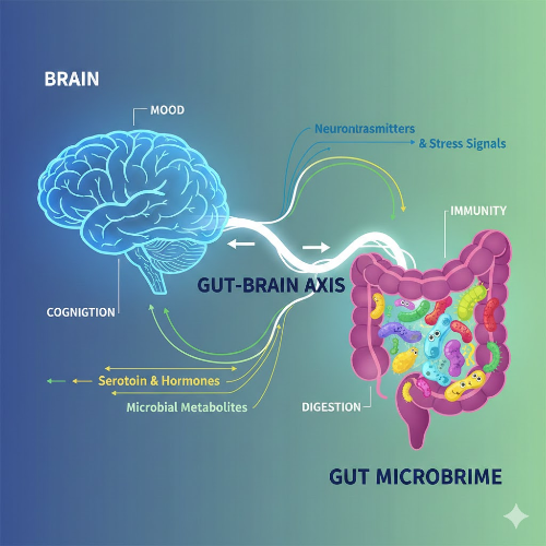 뇌와 장이 서로 연결되어 신호를 주고받는 장-뇌 축(Gut-Brain Axis) 인포그래픽