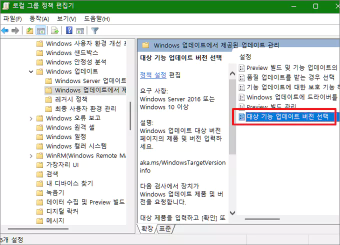 대상 기능 업데이트 버전 선택