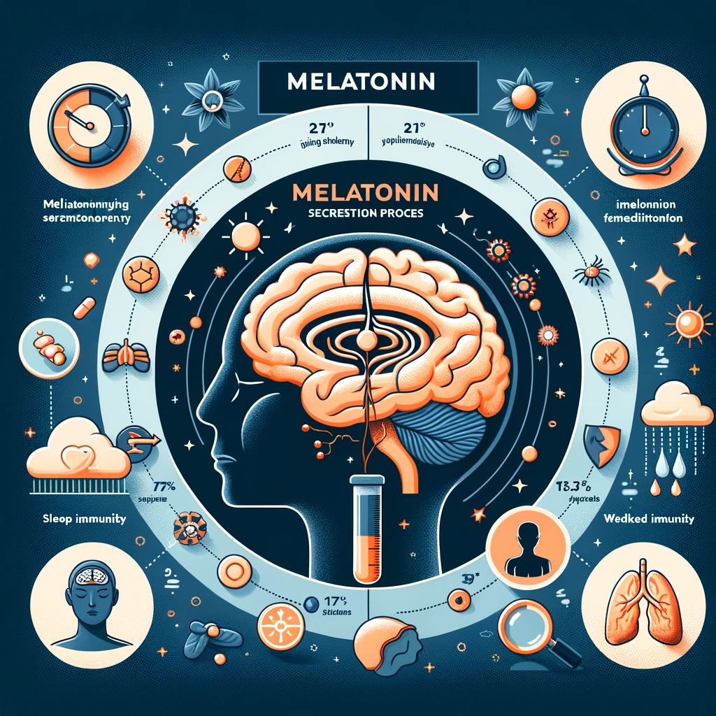 멜라토닌 분비 과정과 부족할 때 나타나는 증상을 설명하는 인포그래픽