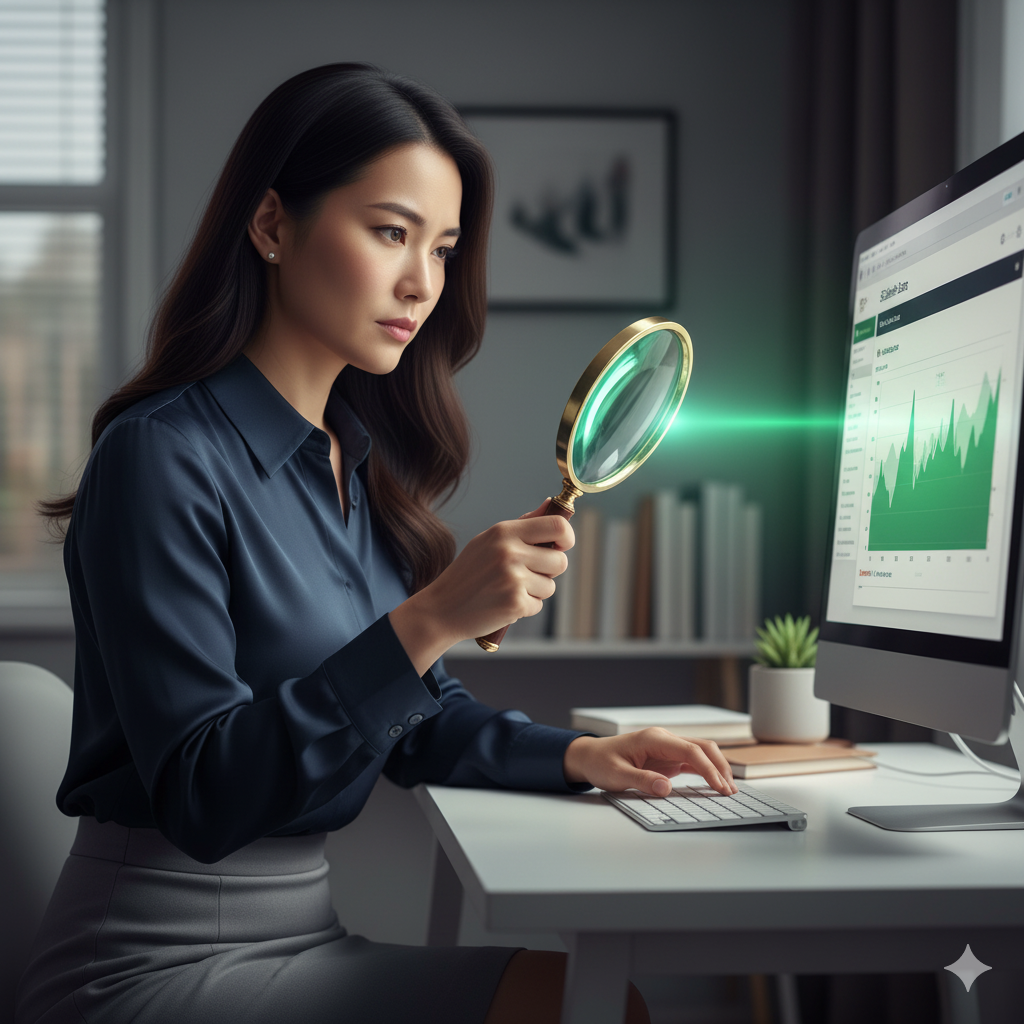세련된 여성이 돋보기로 모니터의 블로그 데이터 그래프를 집중해서 들여다보는 모습