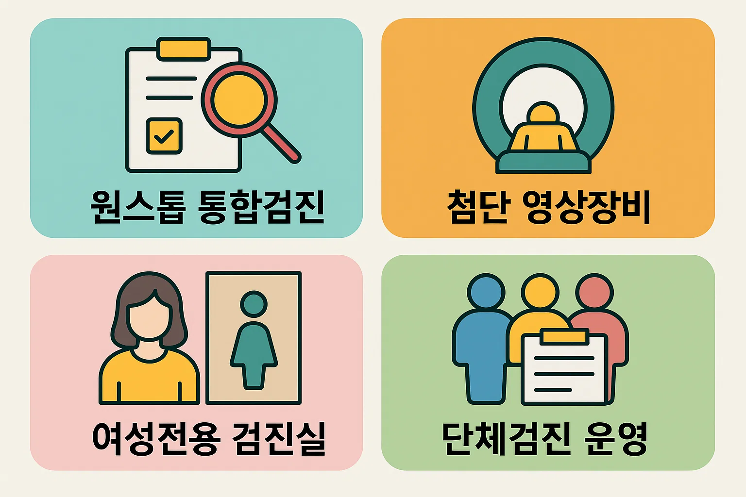 원스톱 통합검진, 첨단 영상장비, 여성전용 검진실, 단체검진 운영 등 다보스병원 검진센터의 핵심 서비스를 시각적으로 정리한 인포그래픽.