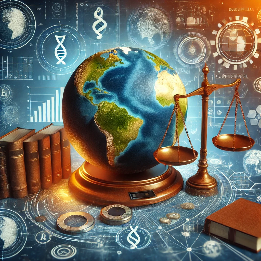 A globe surrounded by legal symbols like scales and documents, representing international inheritance laws