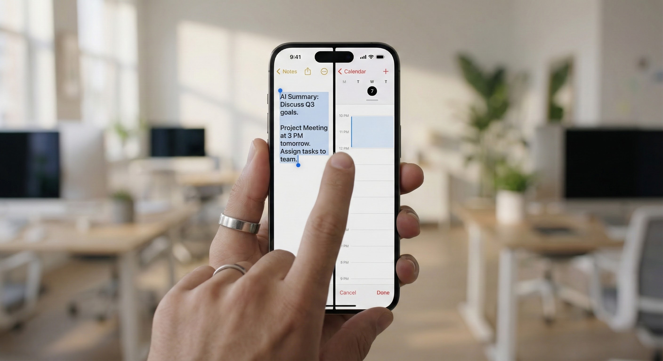 아이폰 16 Pro의 스플릿 뷰 화면에서 손가락으로 왼쪽 메모 앱에 있는 'AI 요약: 내일 오후 3시 프로젝트 회의' 텍스트를 드래그하여 오른쪽 캘린더 앱으로 옮겨 즉시 일정을 등록하는 생산성 높은 멀티태스킹 활용 모습.