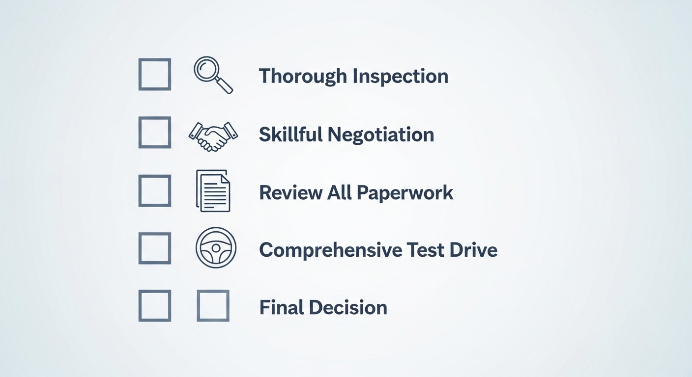 중고차 구매 시 차량 성능 점검, 서류 확인, 시승 등 필수 체크리스트를 시각적으로 표현한 그림.
