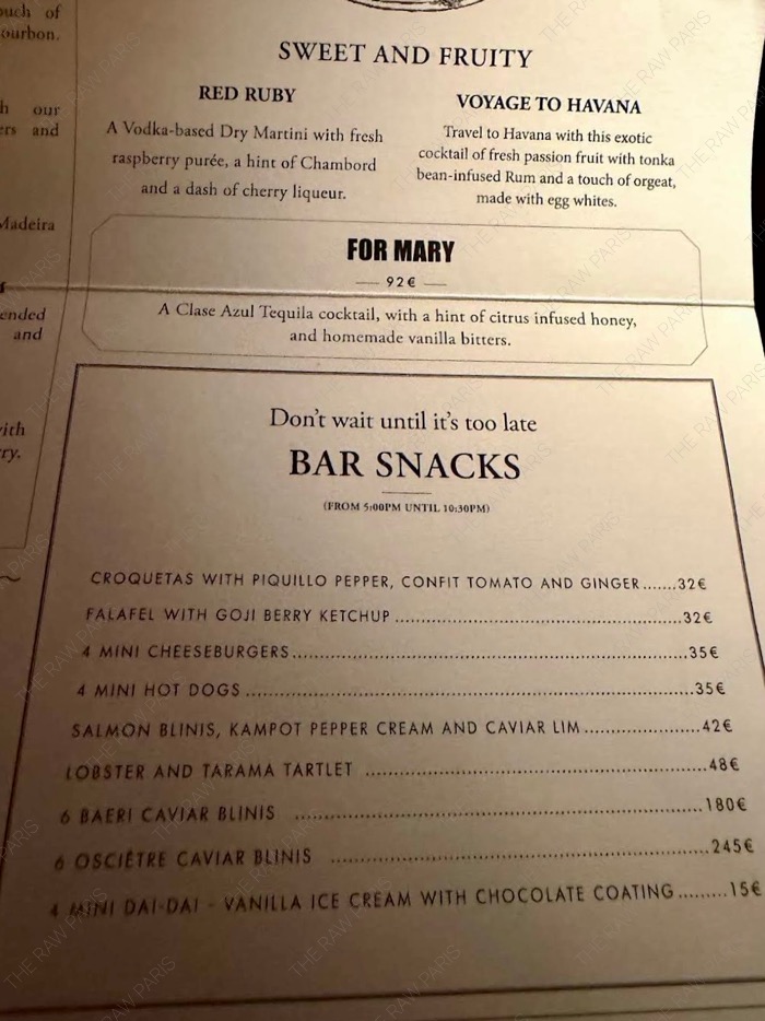 리츠 파리 Bar Hemingway 메뉴판과 바 스낵 가격, 핫도그와 해산물 타르트 메뉴