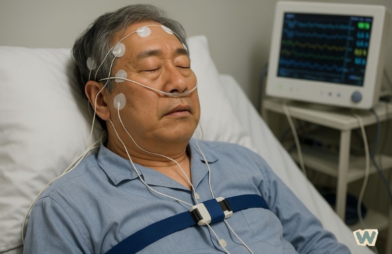 수면 검사를 받으며 침대에 누워 있는 노년 남성 via canva