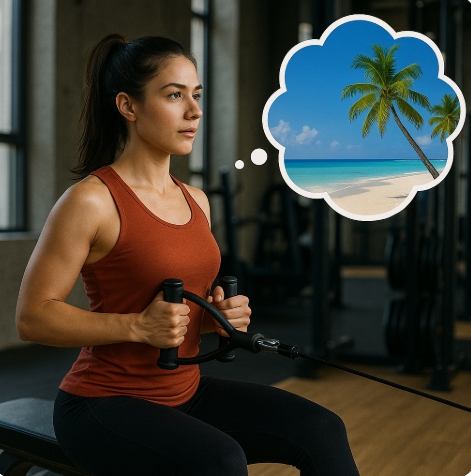 휴가 가는걸 상상하면서 운동하는 여성