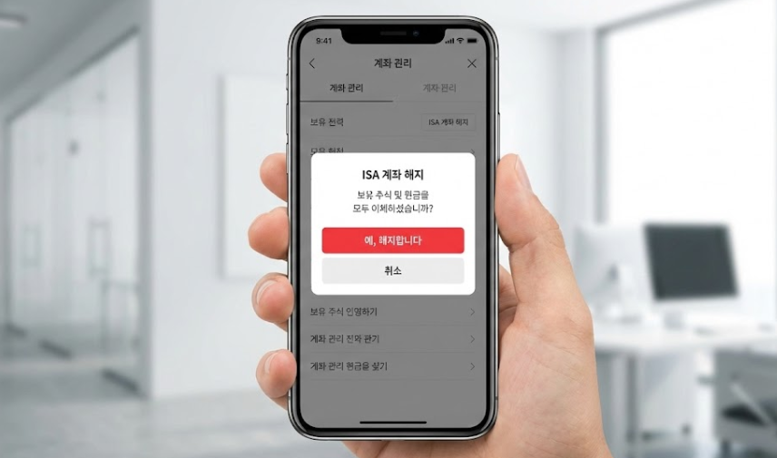 모바일 앱으로 ISA 계좌 해지 버튼을 누르고 연금 전환을 완료하는 스마트폰 화면 일러스트