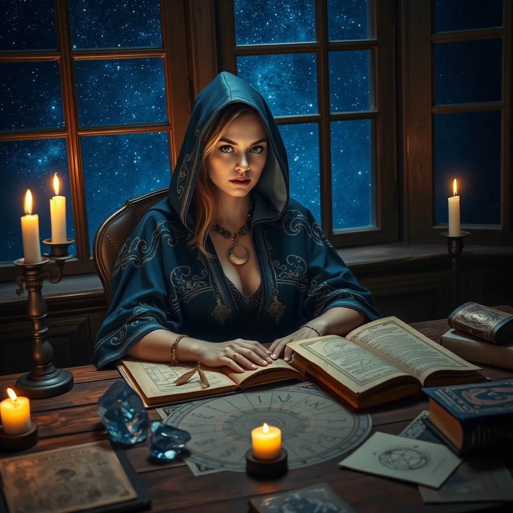 A mystical female astrologer wearing a starry cloak, sitting at a candlelit table with star charts and crystals under a night sky