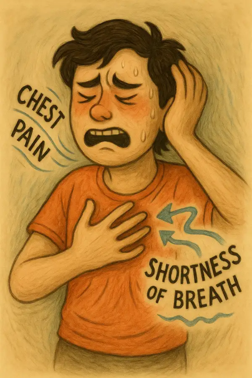 공황 발작 증상으로 고통받는 인물과, 안정된 환경에서 심호흡으로 회복하는 모습을 대조적으로 표현한 손그림 일러스트