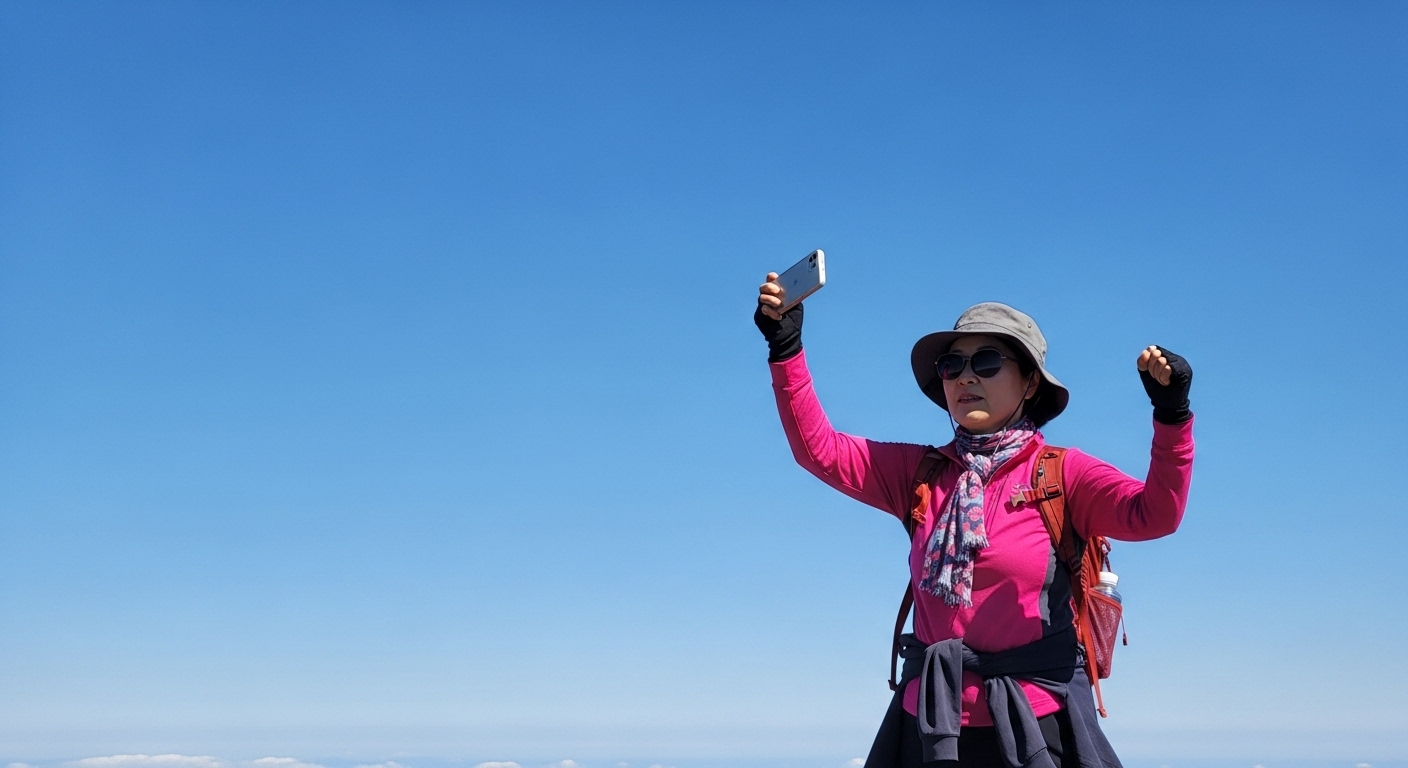 한라산 정상서 기념사진 찍는 50대 여성