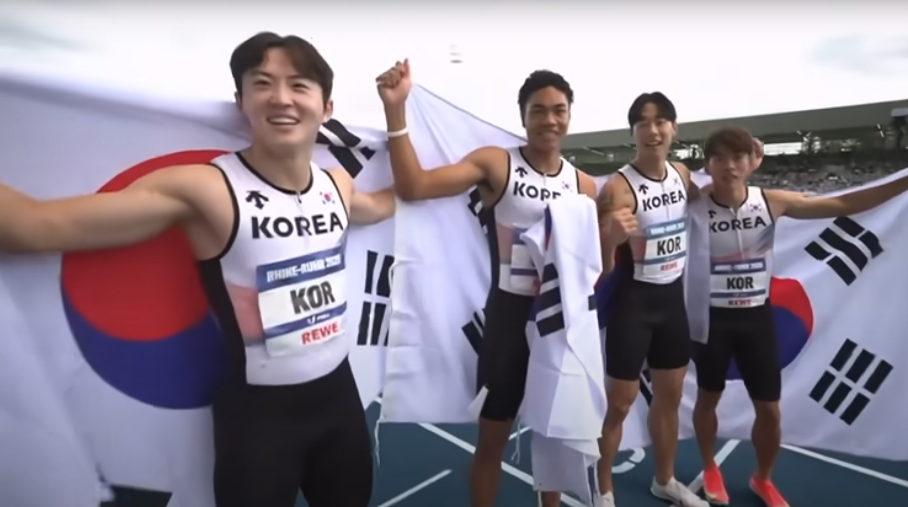 한국 육상 릴레이 사상 첫 국제대회 금메달의 주인공 서민준, 나마디 조엘진, 이재성, 김정윤 선수