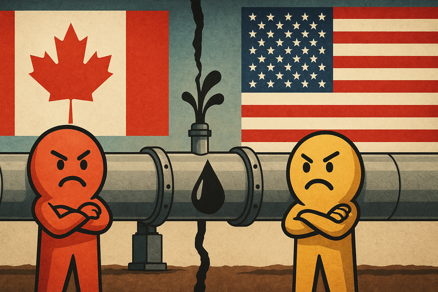 Oil pipeline crossing the US-Canada border with flags of both countries