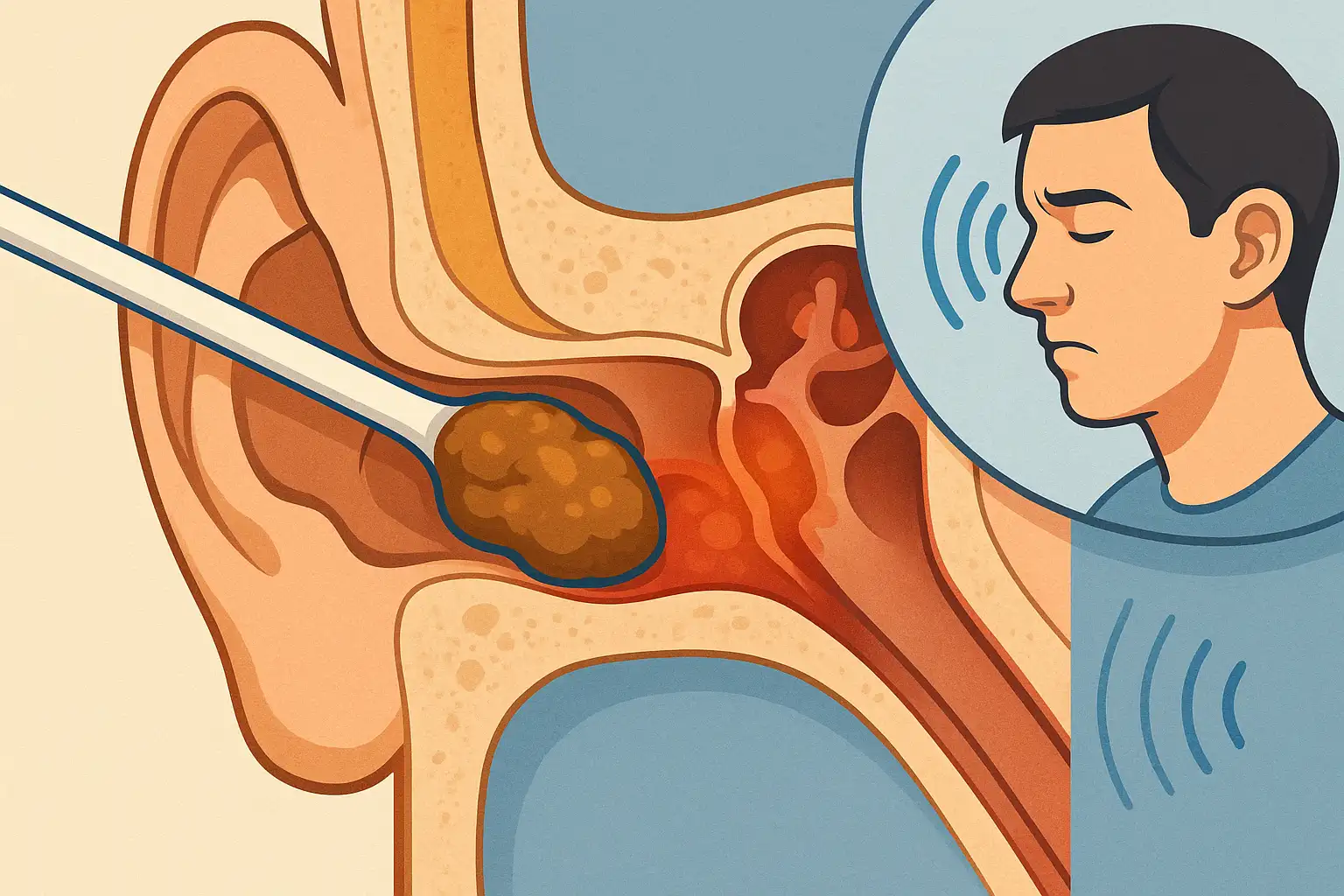 귓속을 면봉으로 잘못 청소해 귀지가 깊숙이 밀려 들어간 모습, 귀지가 외이도를 막아 소리가 울리는 느낌