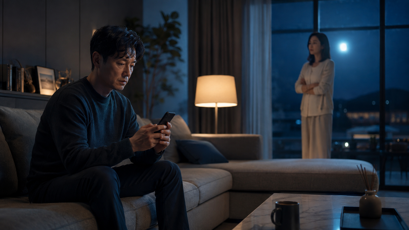 휴대전화를 보는 남편과 거리를 두고 서 있는 아내의 꿈