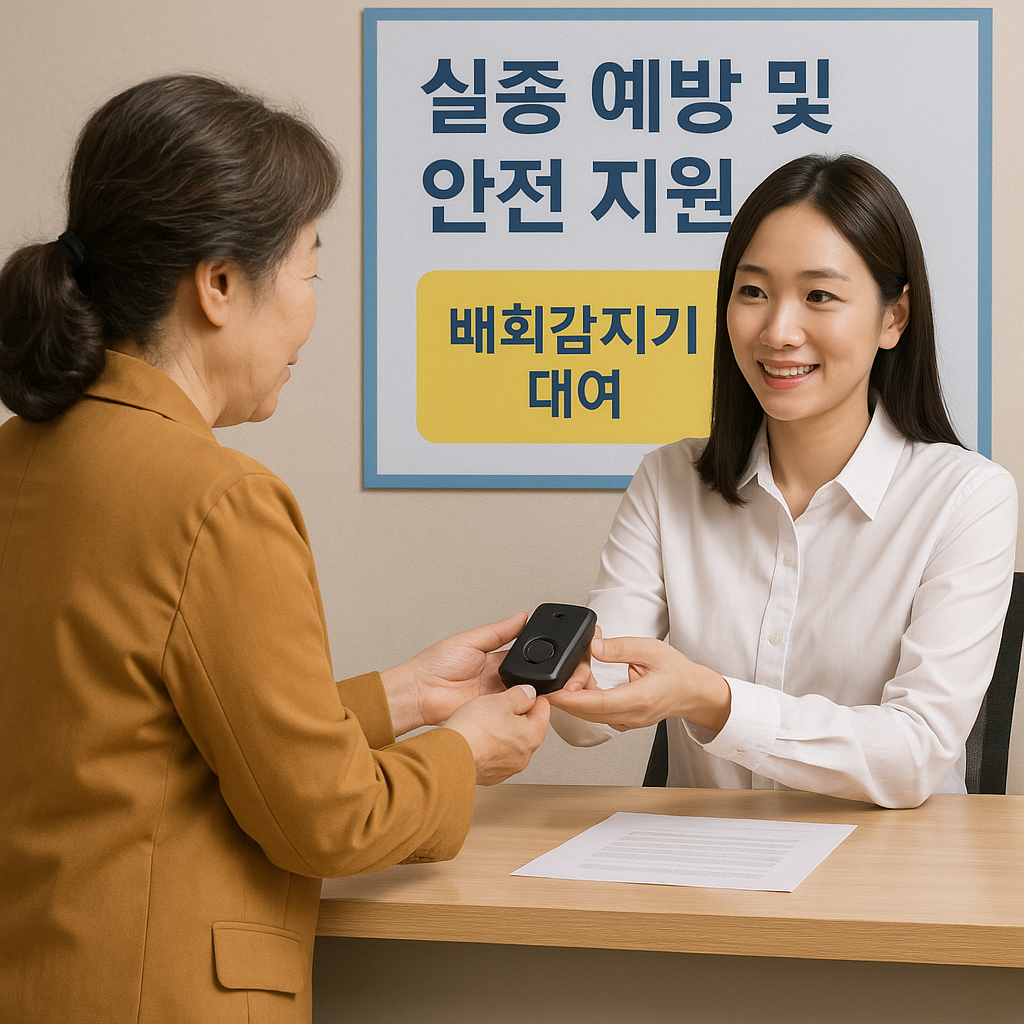 실종 예방 및 안전 지원: 배회감지기 대여 받는 아주머니 