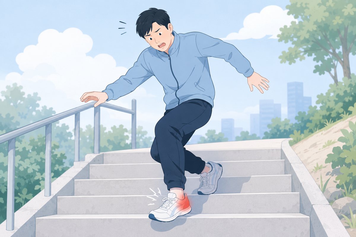 야외 계단을 내려가다 발을 헛디뎌 발목을 접질리는 남성