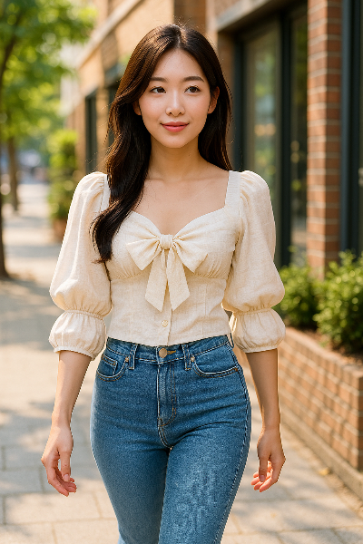 로맨틱 블라우스 + 하이웨이스트 데님 20대 여성 데이트룩