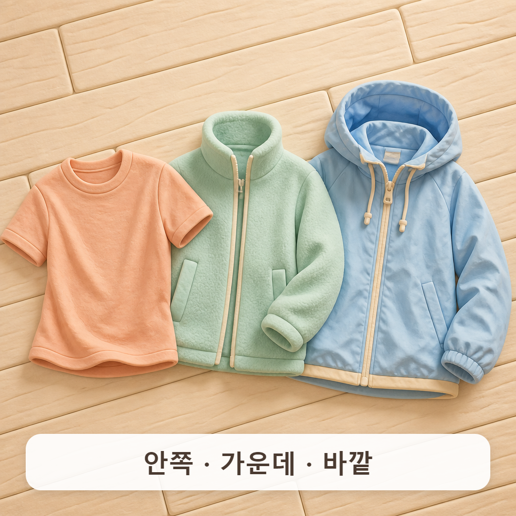 기능성 티셔츠, 플리스, 바람막이를 차례로 펼쳐 놓은 모습