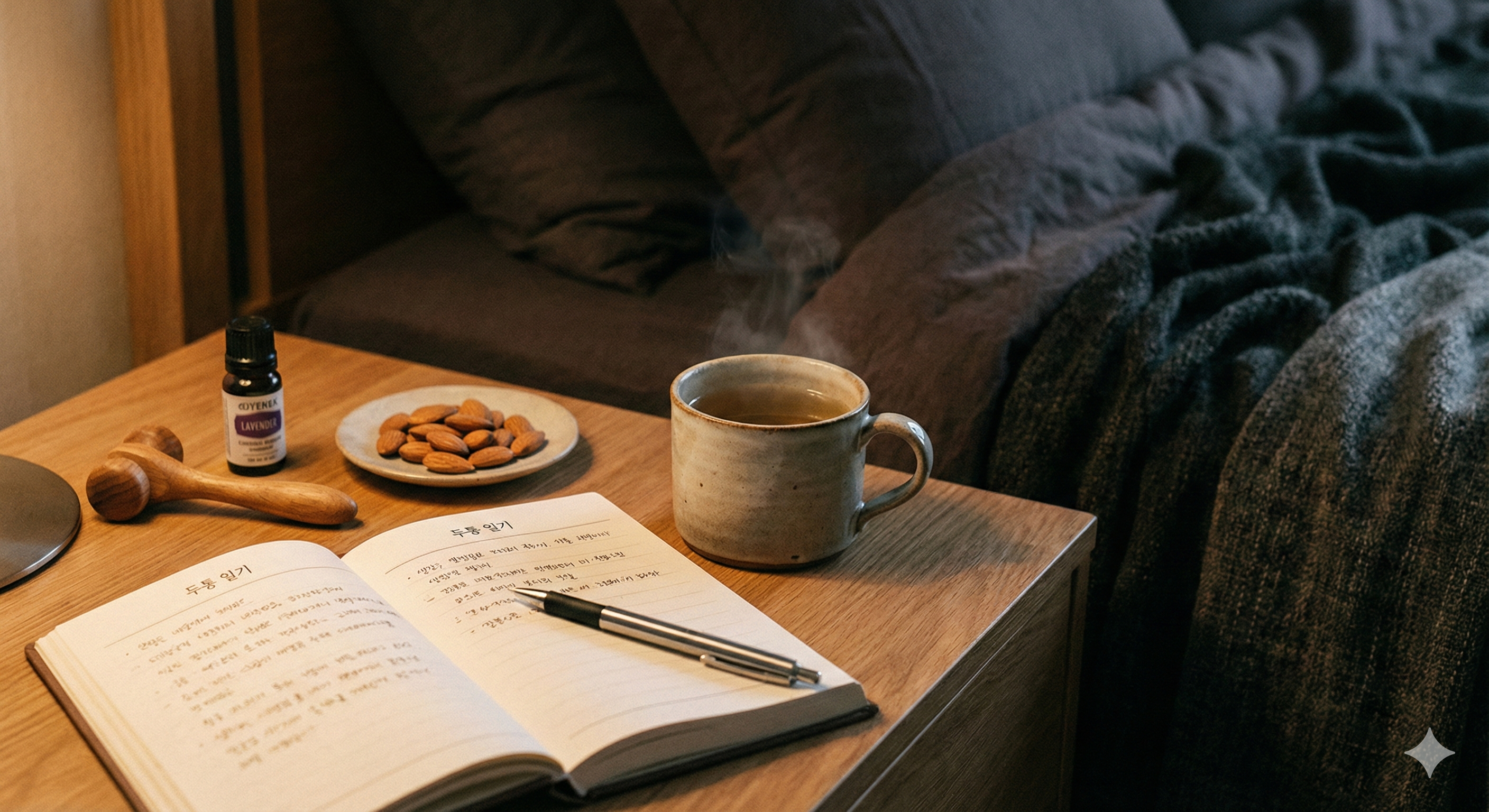 편두통 유발 원인 기록과 자연 치유를 위한 휴식설명: 차분하고 정돈된 분위기의 침실 협탁 위를 클로즈업