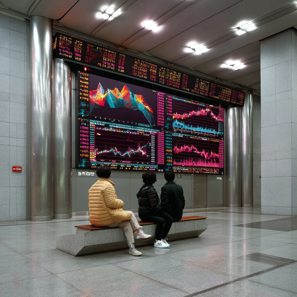 주식 전광판을 바라보는 사람들