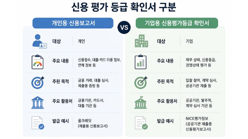 신용 평가 등급 확인서를 개인용 신용보고서와 기업용 평가서류로 구분한 비교형 인포그래픽