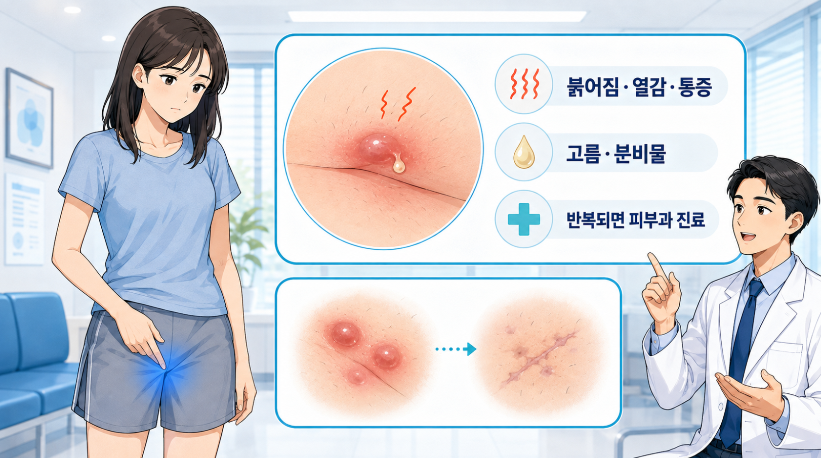사타구니 피부의 붉어짐&middot;열감&middot;통증과 고름&middot;분비물 및 반복되는 피부 멍울 안내