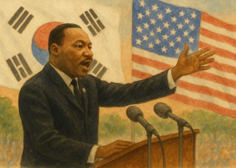 마틴 루터 킹의 연설의 배경에 태극기와 성조기가 휘날리고 있는 장면. 한국 민주주의에 영향을 미친 것에 대해 상징적으로 나타내는 모습